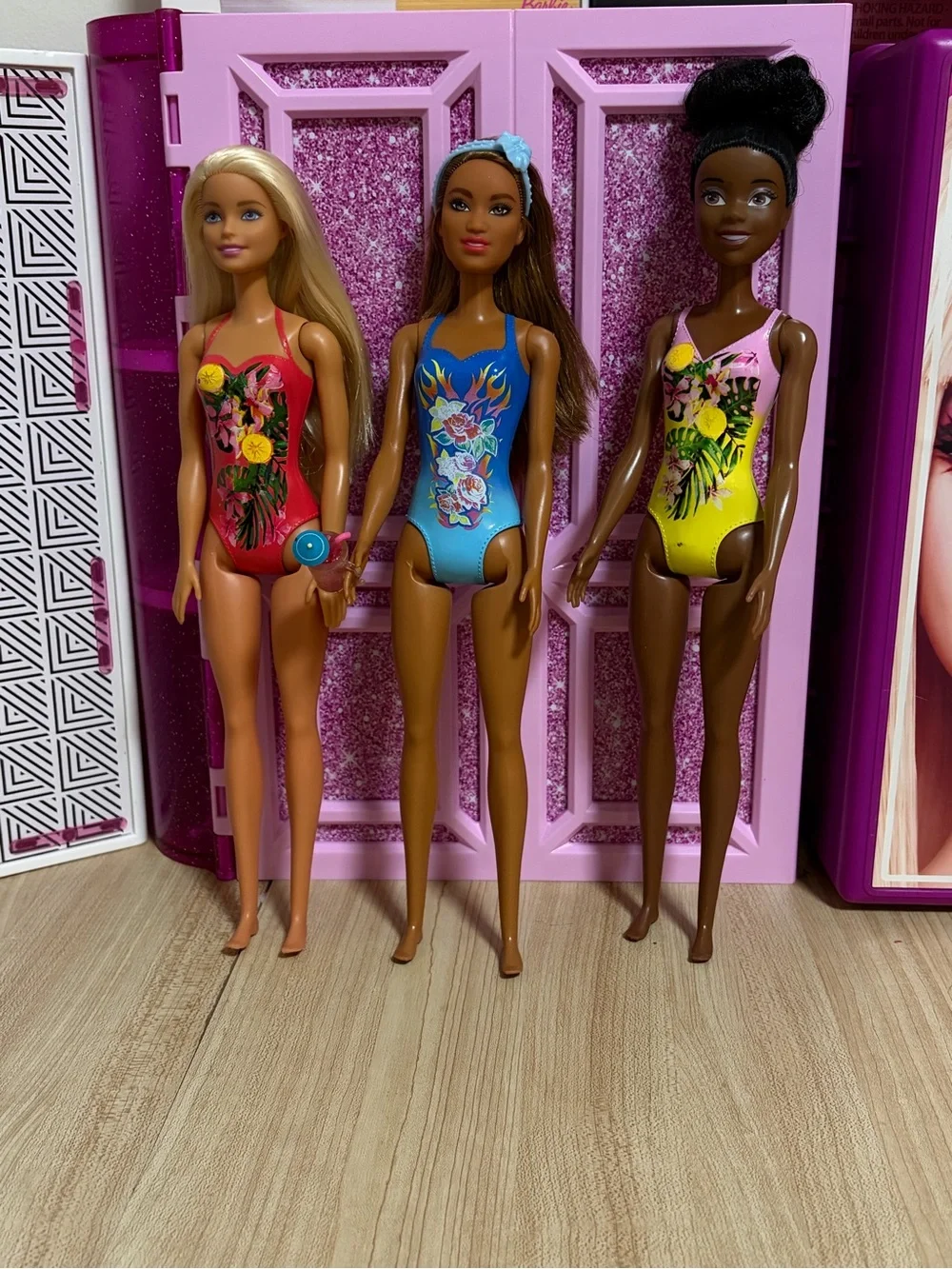 Barbie Dolls Trio in Red, Blue & Yellow Swimsuits
